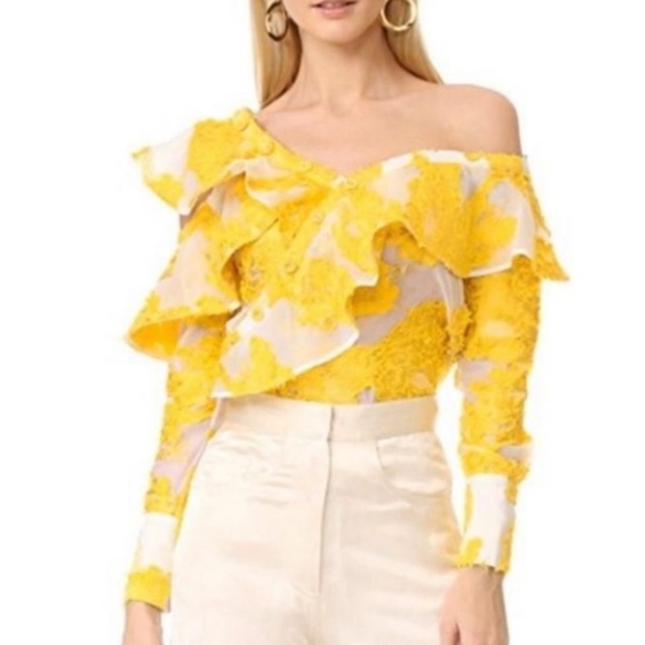 Self-Portrait Off The Shoulder Fil Coupe Frill Yellow Embroidered Top US6 UK10 - Picture 5 of 13
